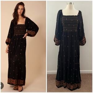 Hale Bob Jayden Embroidered Maxi Dress Black Small Quiet Luxury Peasant Boho NEW